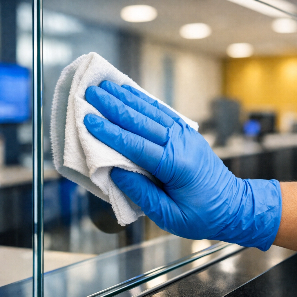 Professional cleaner polishing a glass bank teller partition to a streak-free, hygienic shine.