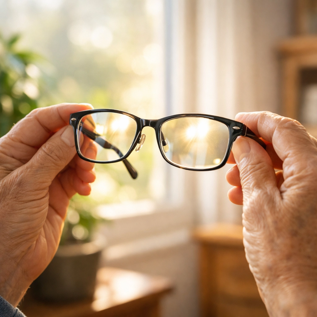 Older adult hands holding eyeglasses near window showing importance of vision care