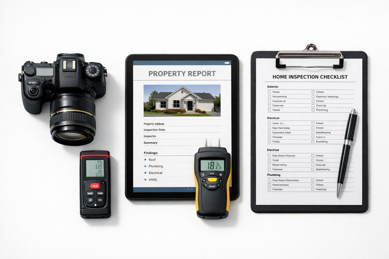 Professional property inspection kit with camera, moisture meter and digital reporting tools