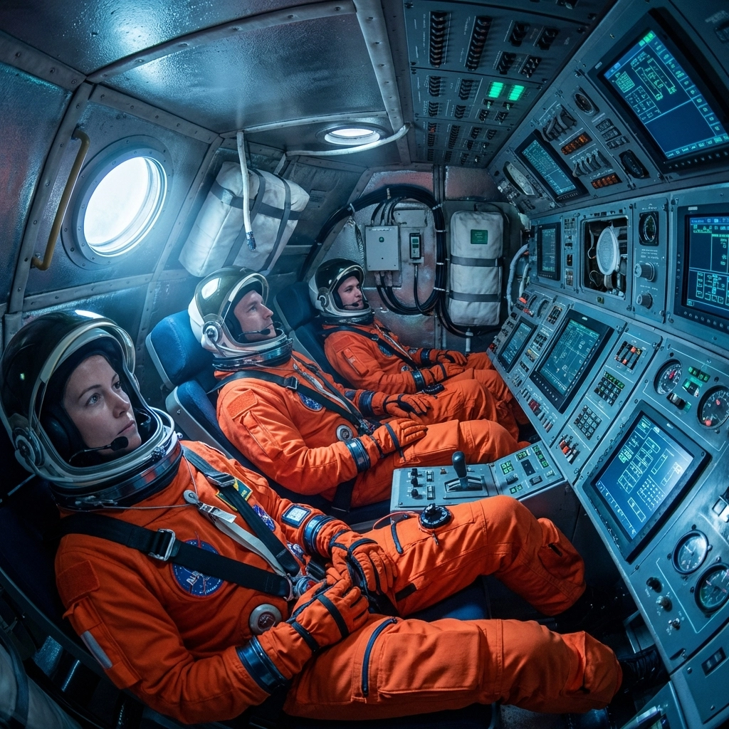 Orion spacecraft interior showing Artemis II astronauts in orange suits preparing for their deep space mission