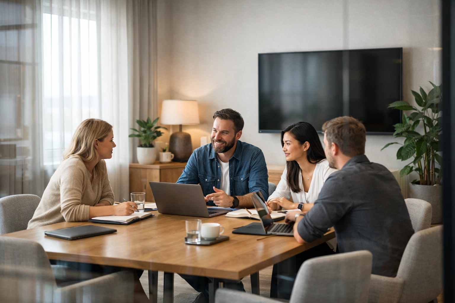 Hotel meeting room transformed into flexible co-working space for teams