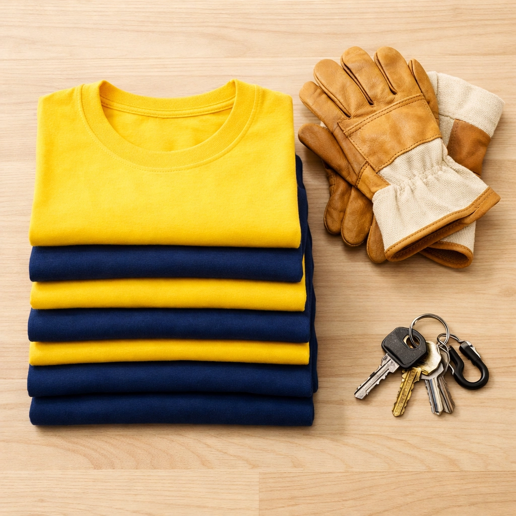 Folded yellow and navy custom t shirts prepared for a professional landscaping business.