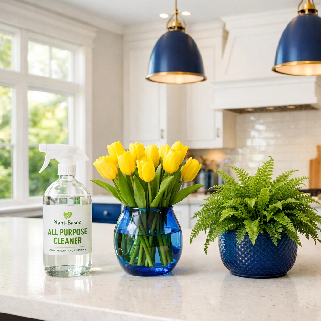 Eco-friendly luxury house cleaning in a bright Weston kitchen using safe, non-toxic products.