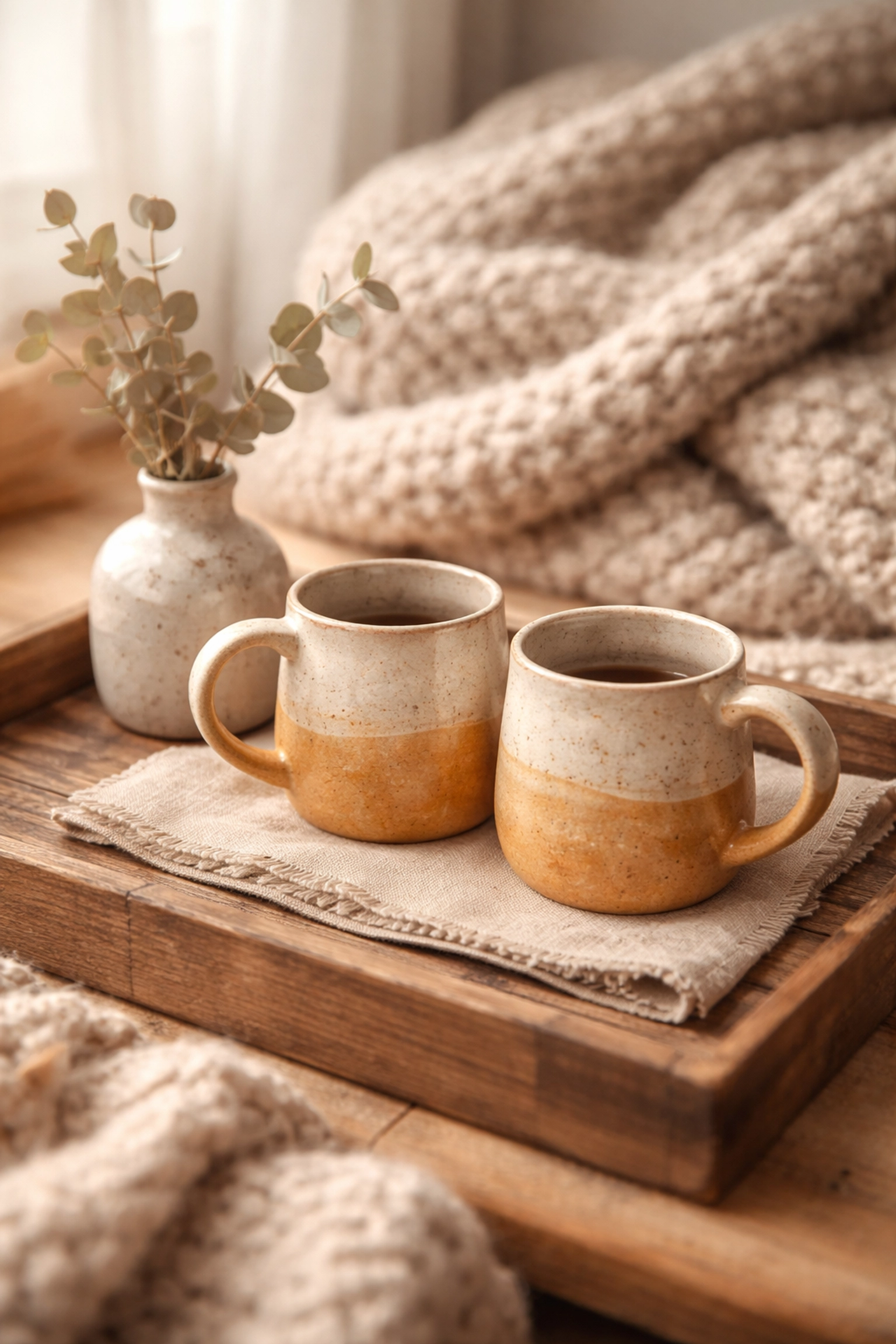 Handcrafted ceramic mugs and vase on a wooden tray with a knit blanket add artisan comfort and style.