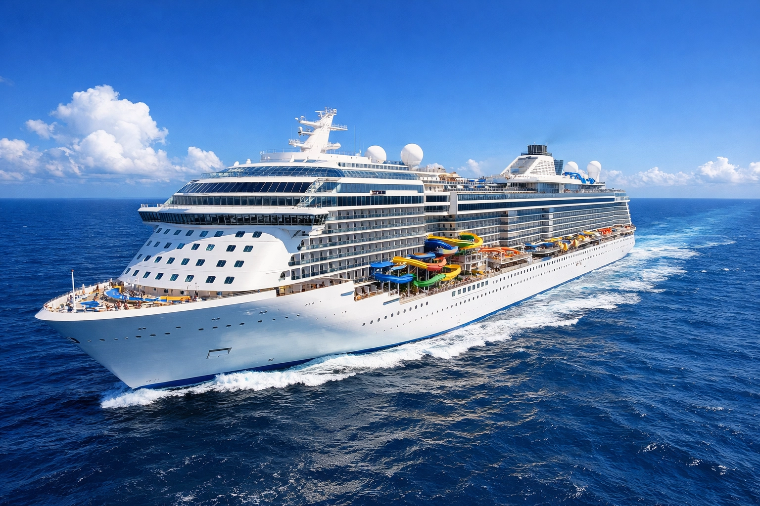 A modern mega-ship sailing at sea featuring waterslides for family cruise holidays.