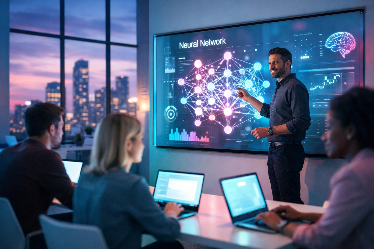 Mitarbeiter bei einer praxisnahen KI-Schulung durch externe Experten in einem modernen Arbeitsumfeld.