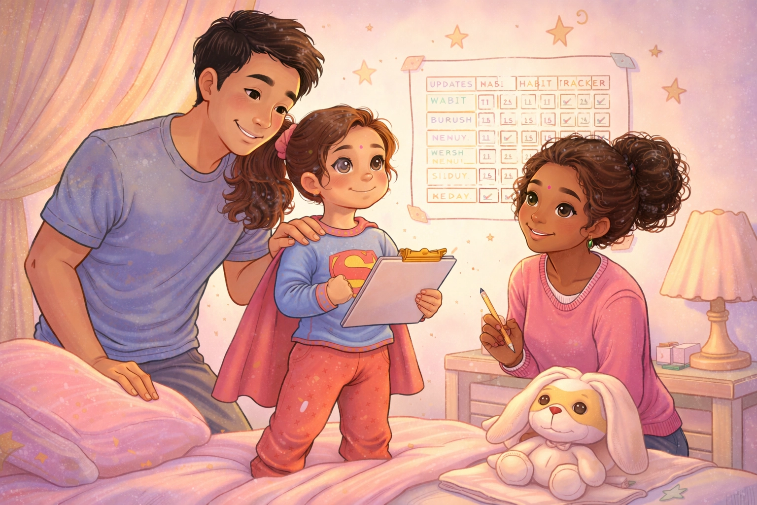 Illustration of supportive parents helping their child with a pediatric bladder health checklist in a cozy bedroom, featuring a confident child in a superhero cape, symbolizing overcoming bedwetting, nighttime accidents, and pediatric incontinence through positive routines, family support, and clinician-designed home programs.