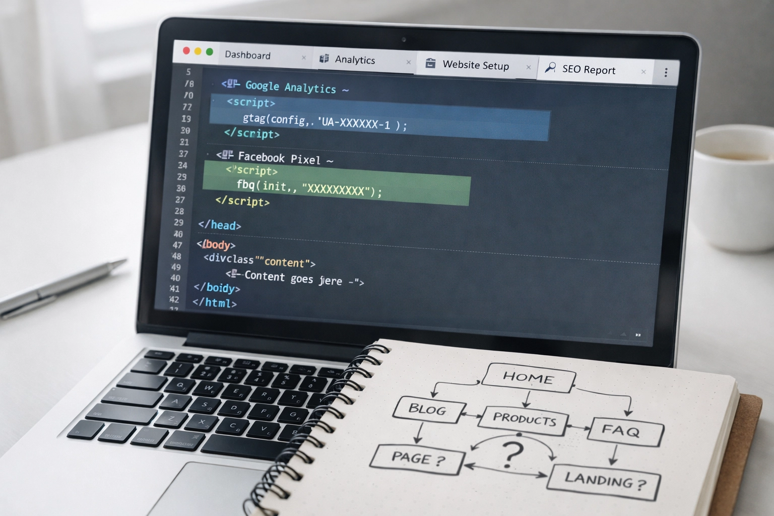 GA4 tracking code audit showing HTML implementation and website architecture planning