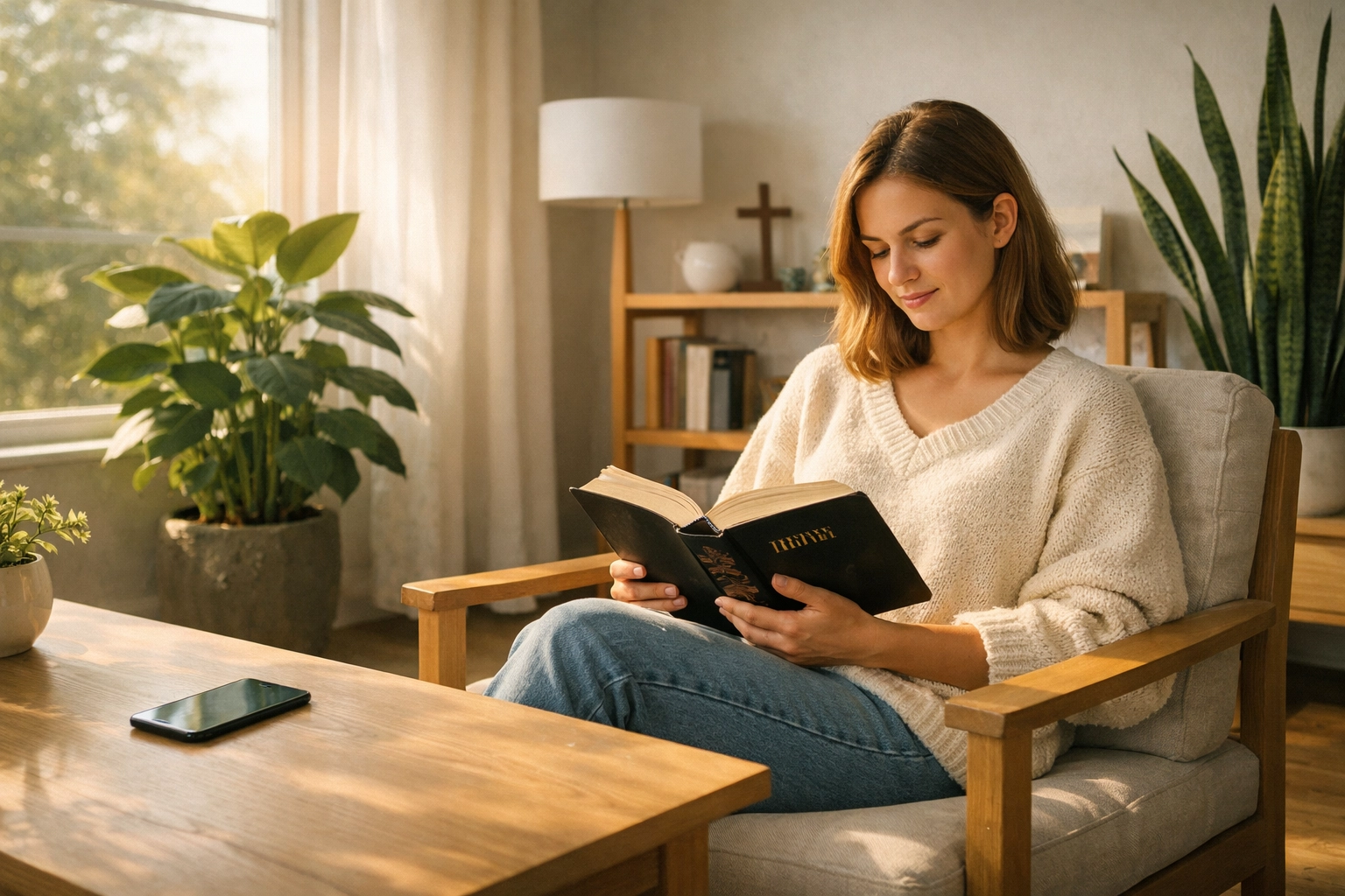 Woman reading the Bible in a sunlit room, representing finding calm through faith and scripture.