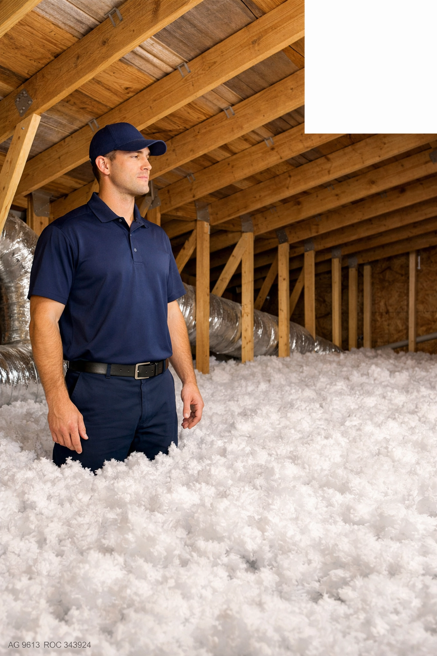 Bucksworth technician inspecting energy-efficient attic insulation for a Phoenix home AC upgrade.