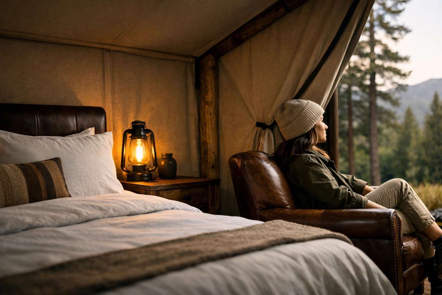 Woman in a luxury glamping tent, earning hotel loyalty points and miles updates during a spring stay.