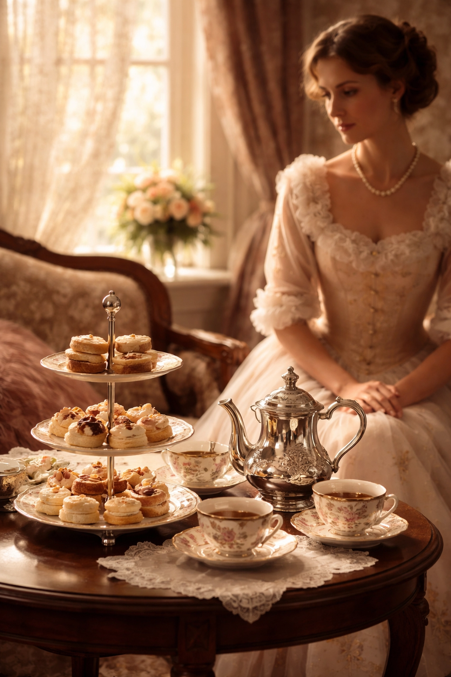 Victorian afternoon tea setting with a lady in period dress, elegant tea set, and scones in a sunlit drawing room.