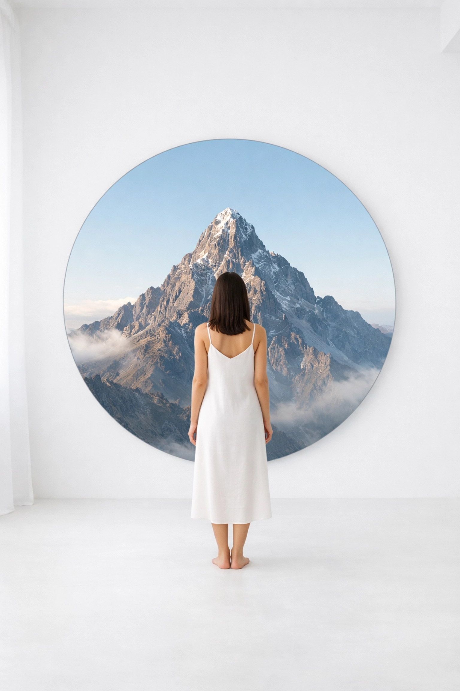 A woman views a mountain reflection in a mirror, symbolizing internal obstacles and the journey of self-discovery.