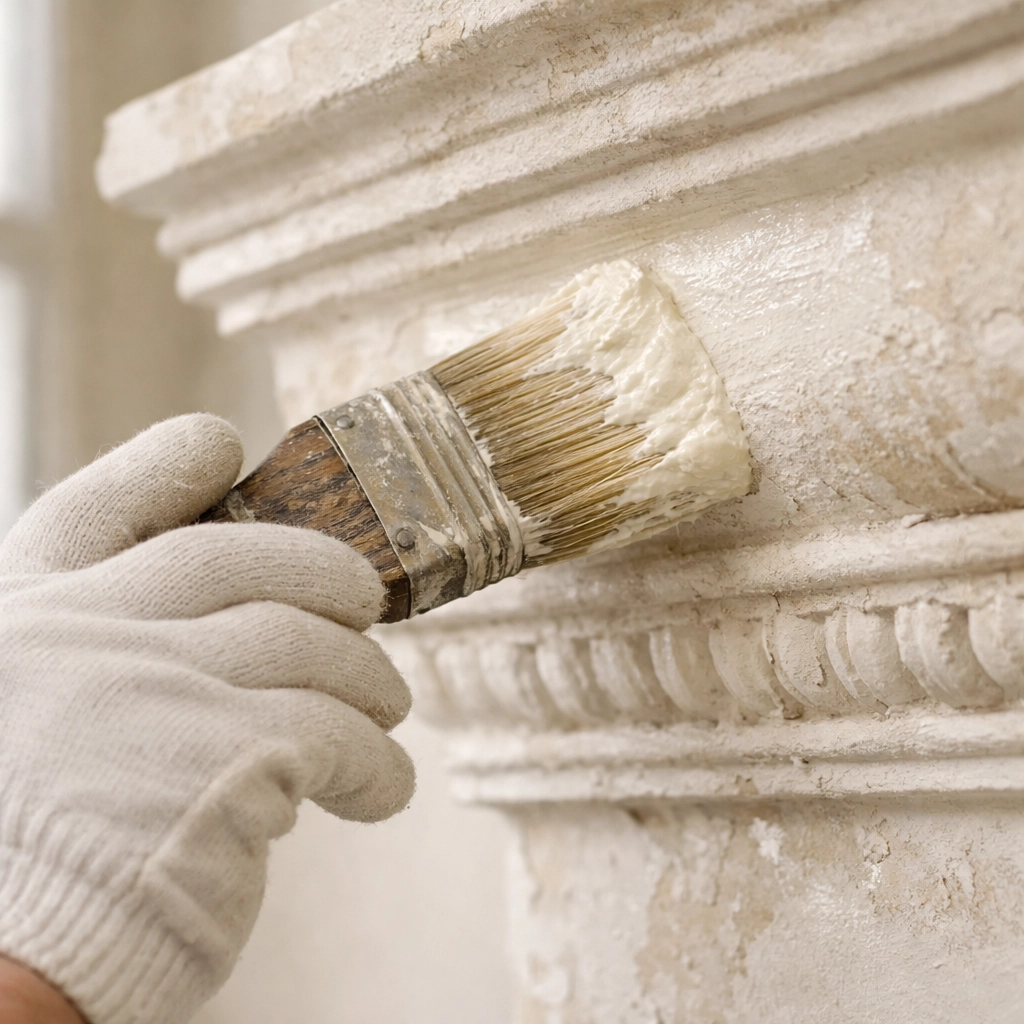 Decorator applying traditional limewash to Georgian plaster cornice in Cotswolds period property