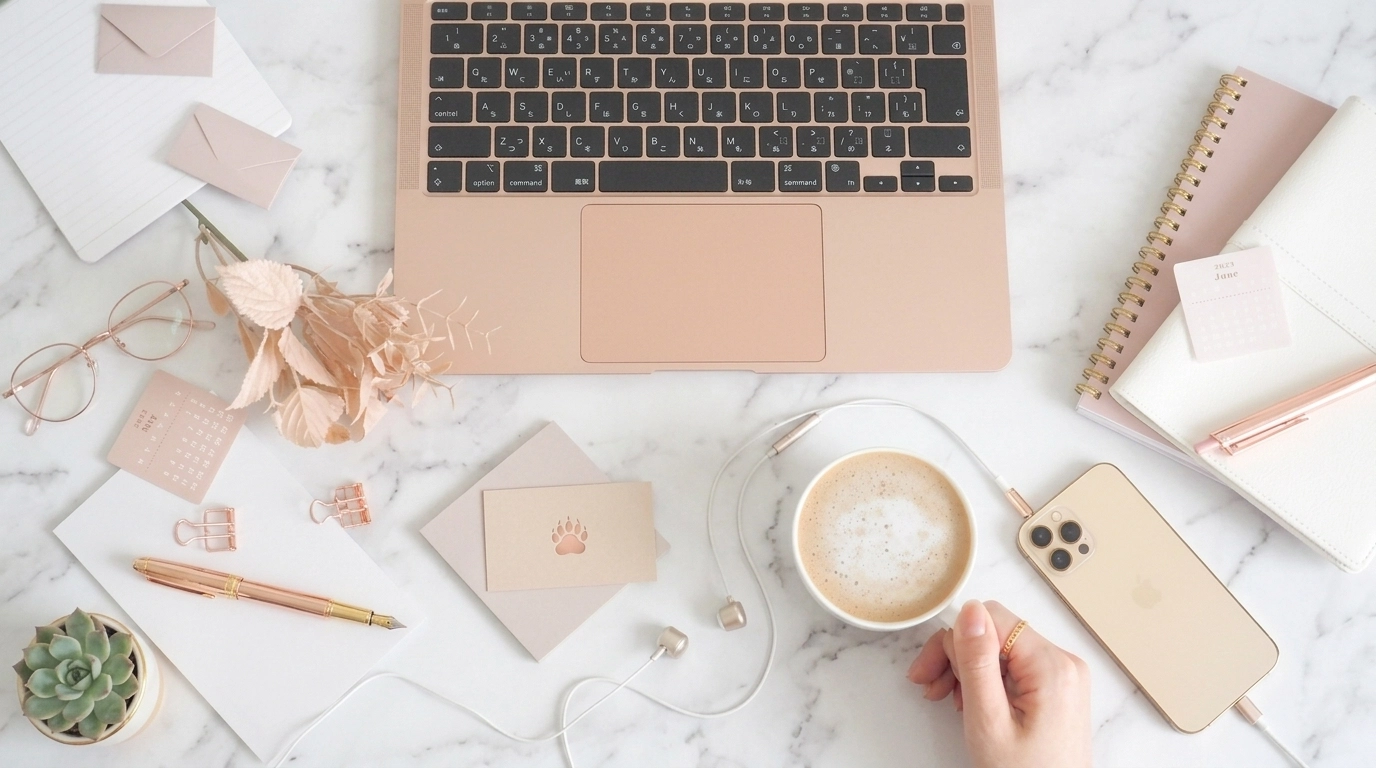Flat lay of a smartphone, pen, and a business card with a subtle bear paw icon