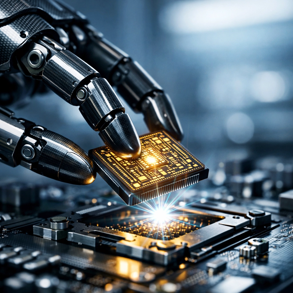 Robotic hand placing a microchip representing surgical acquisitions and technology deals in Corporate News India.