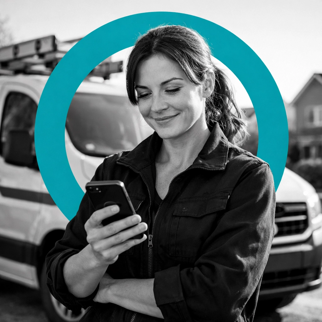 Contractor seeing real-time ROI and booked leads on a smartphone in front of a service vehicle.