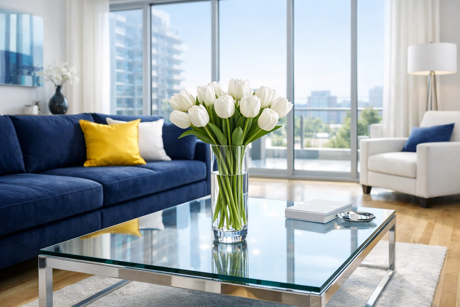 A sparkling clean narrow vase with white tulips in a bright, professionally cleaned living room.