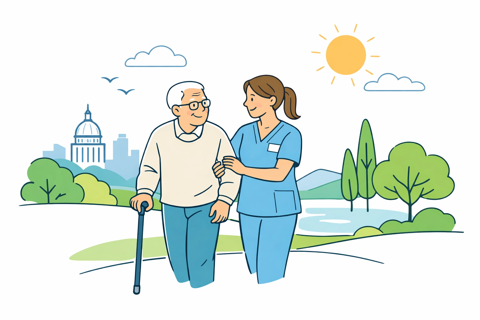 Caregiver assisting an elderly person on a stroll, showing the benefits of active companion care in Austin, TX.