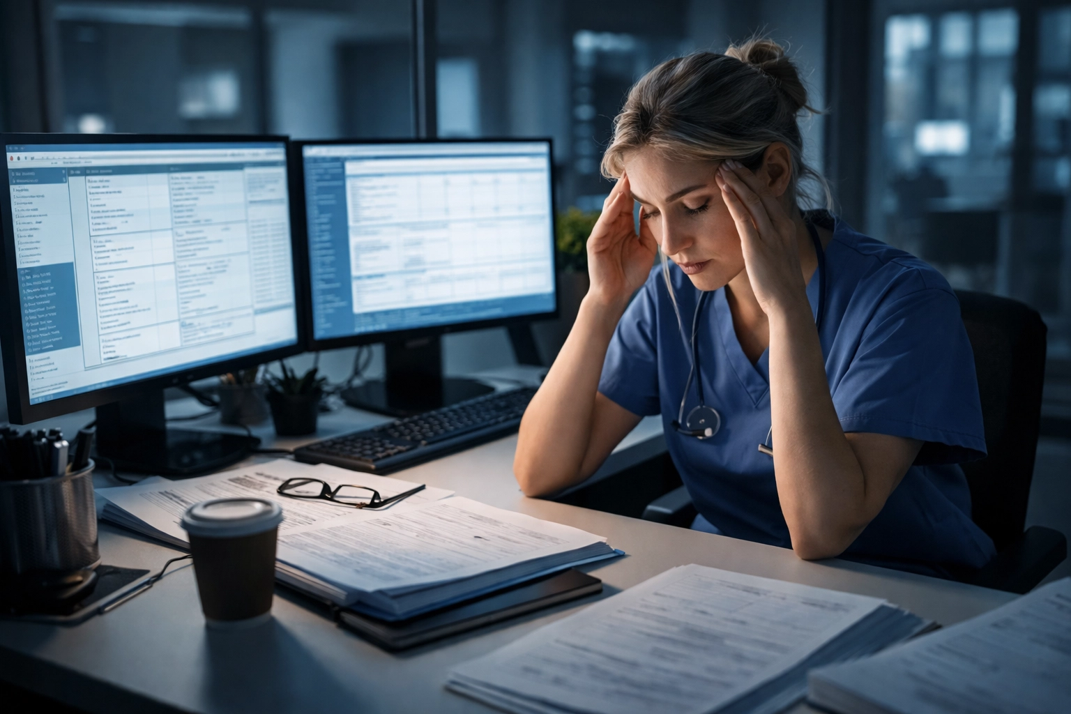 Exhausted physician sitting at desk late at night surrounded by paperwork and medical records, showing healthcare documentation burnout