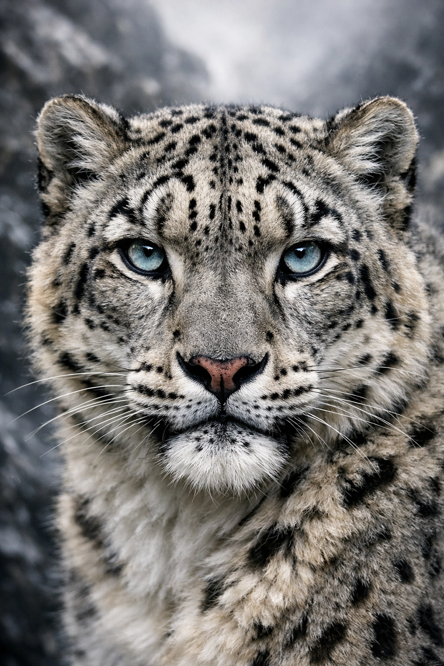 Close-up snow leopard portrait capturing the high-impact visual branding for wildlife conservation.
