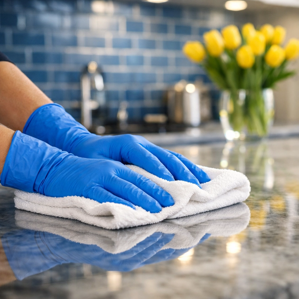 Expert house cleaning in Marlborough service polishing a luxury marble kitchen countertop.
