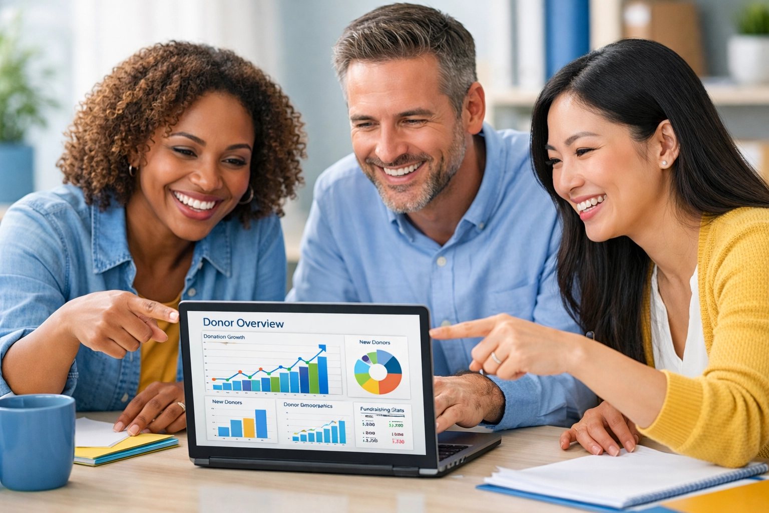 Nonprofit team reviewing AI-powered donor analytics and engagement dashboards