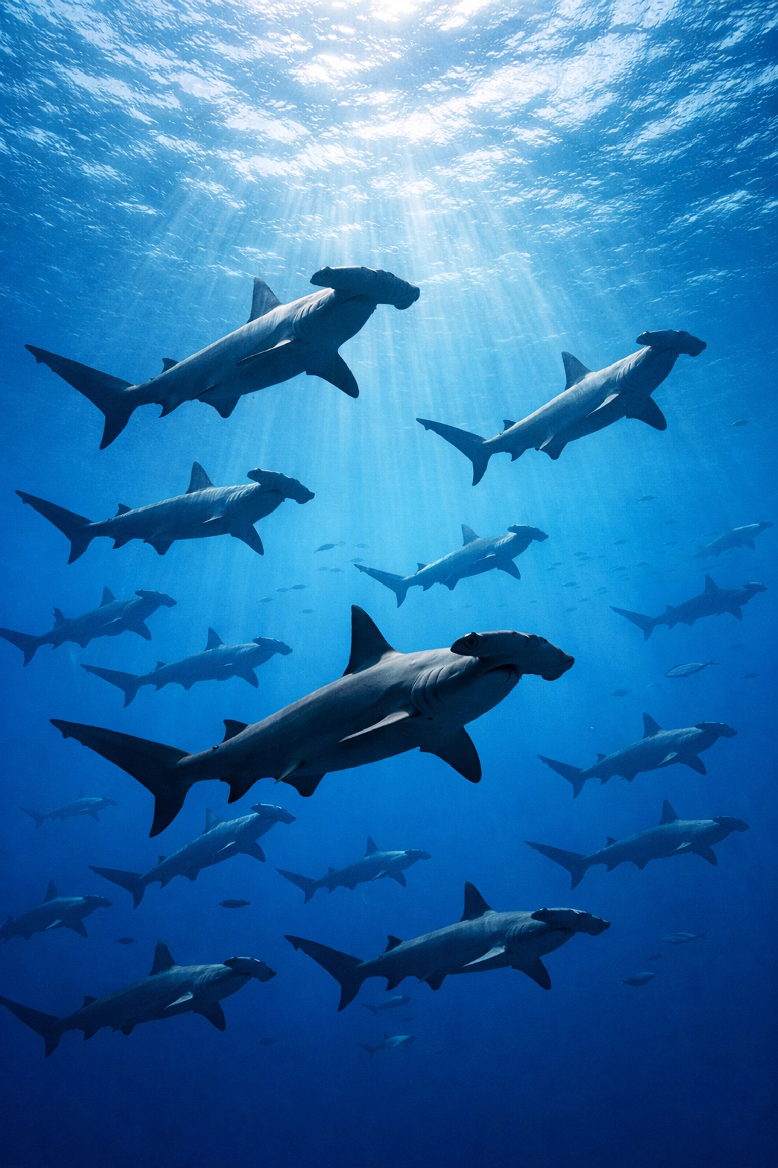 School of Scalloped Hammerhead sharks in a deep blue aquarium exhibit showcasing diverse marine life.