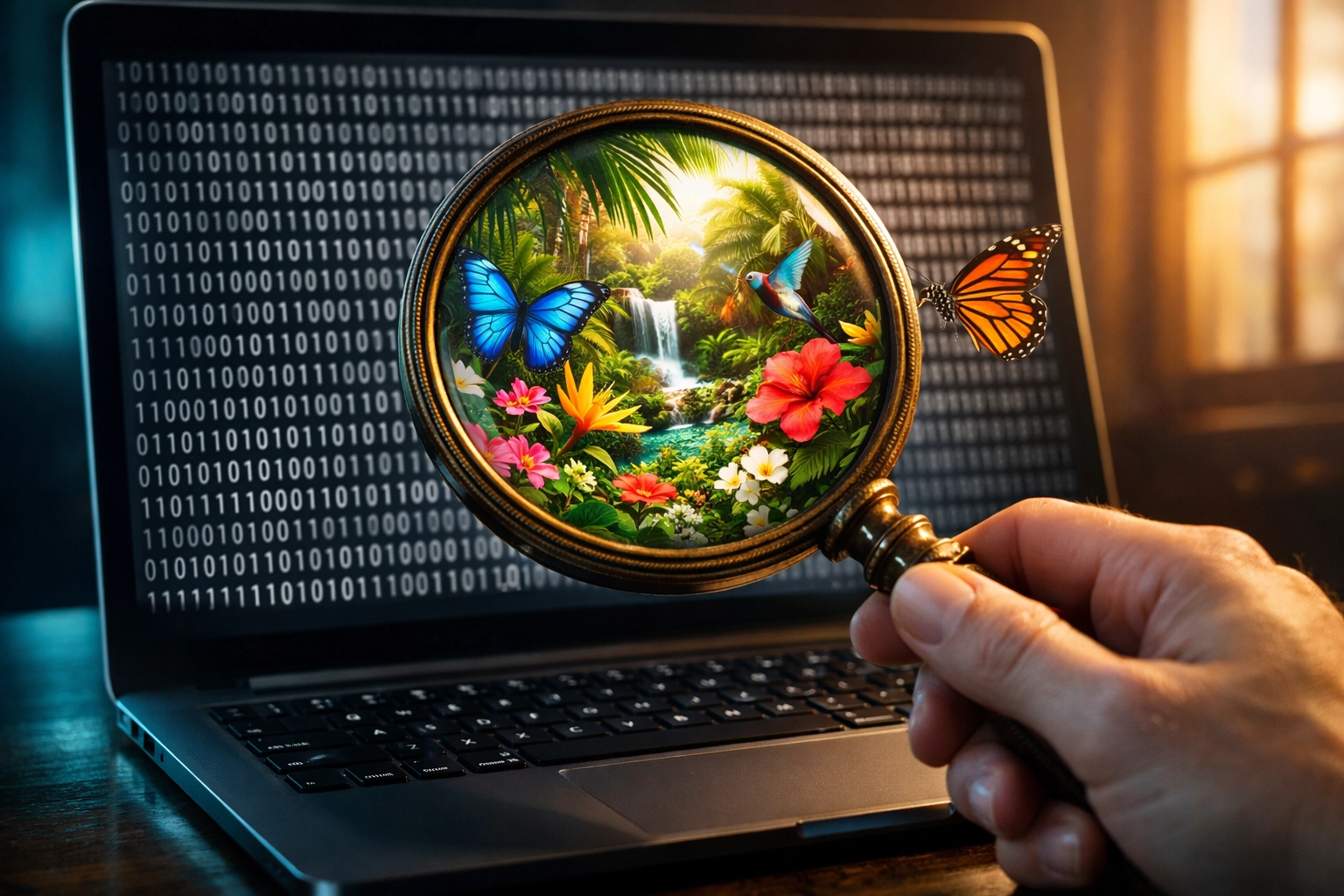 Lupa sobre pantalla de laptop mostrando la diferencia entre código genérico de IA y diseño web creativo.