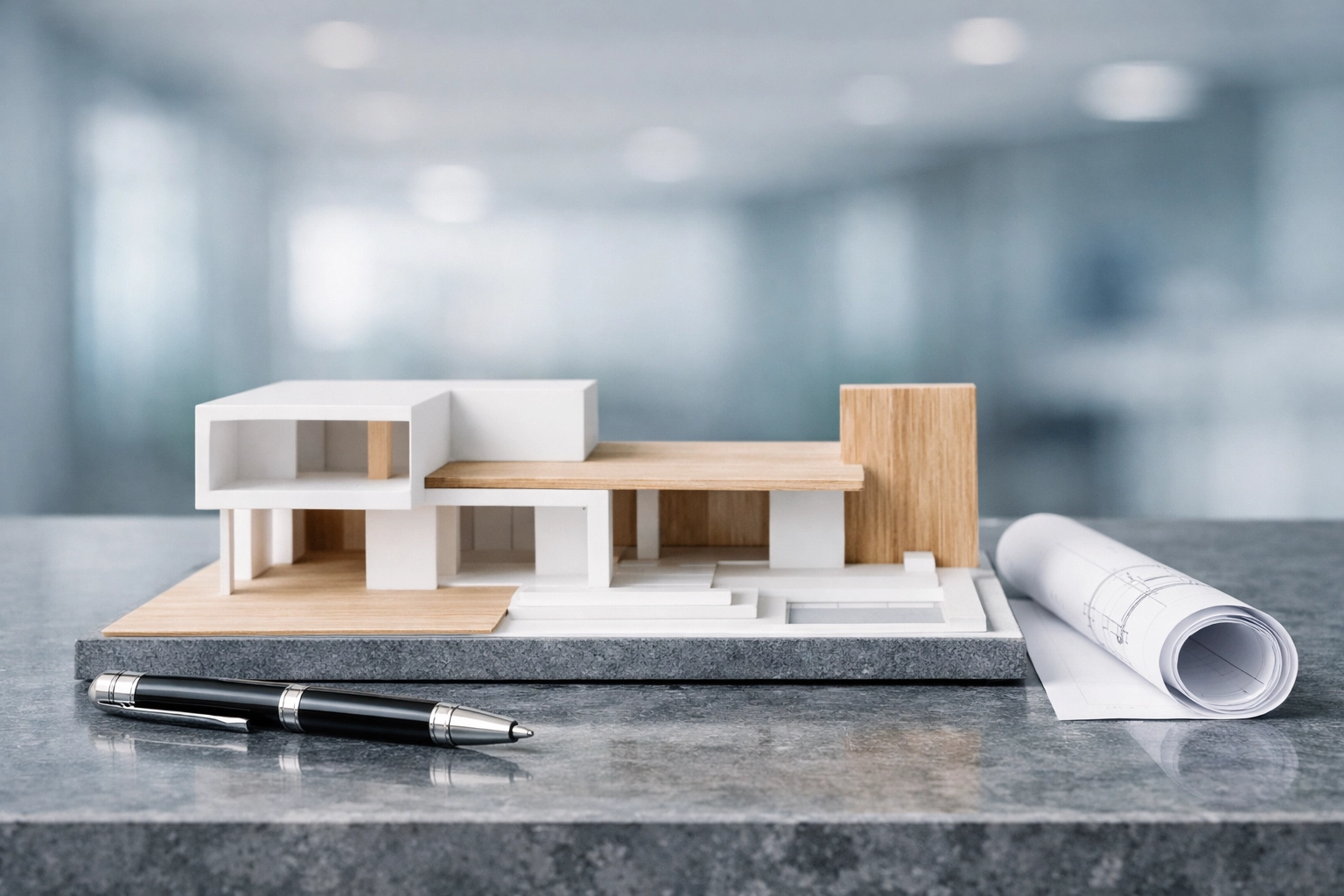 Minimalist architectural model and blueprint representing a strategic rolling planning cycle.