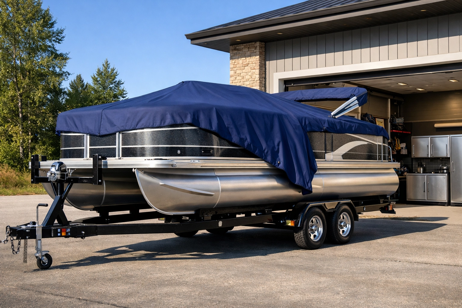 A new pontoon boat on a dual-axle trailer with a mooring cover, ready for secure storage.