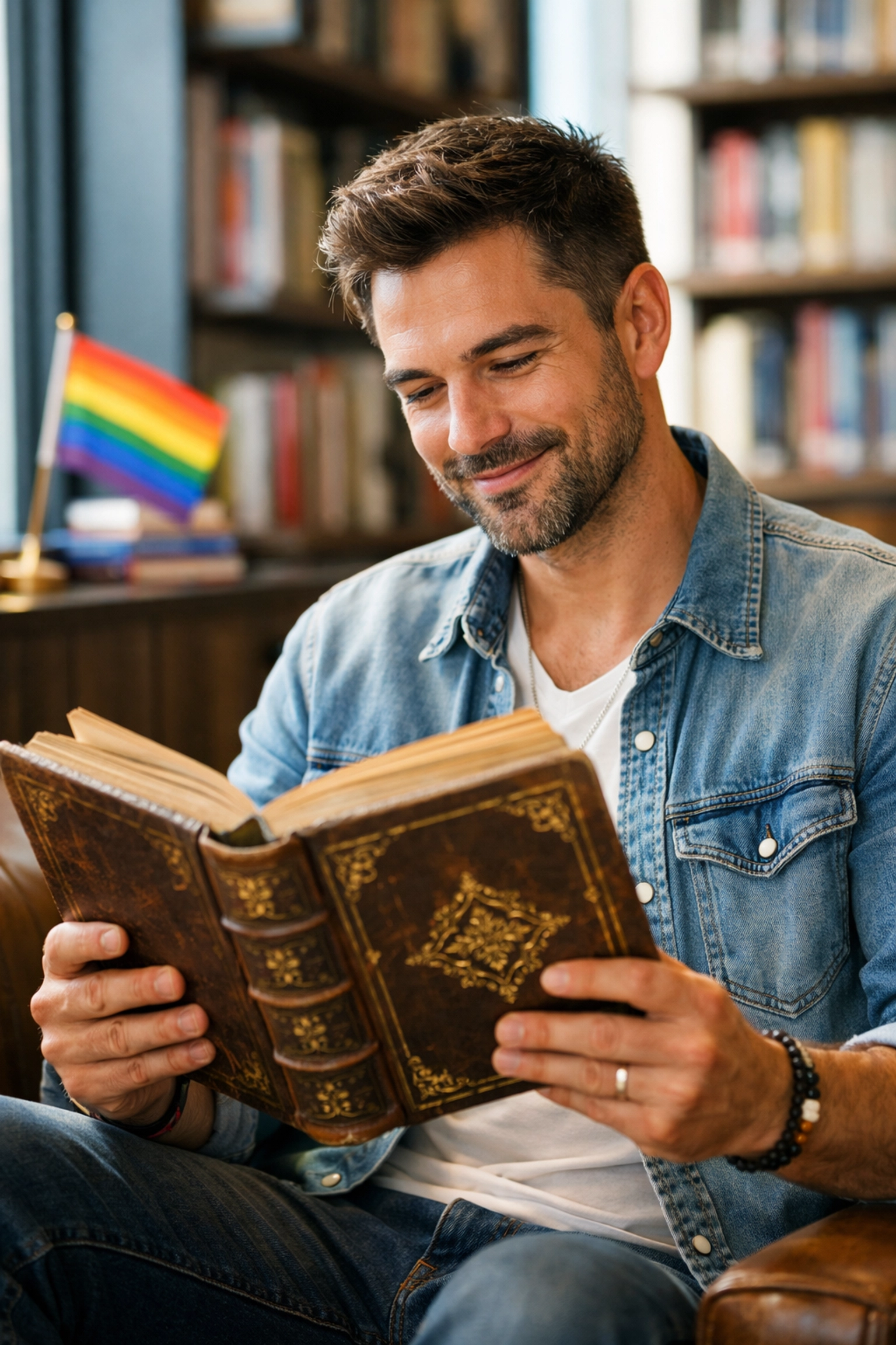 A modern gay man in a library discovering historical queer literature and MM romance books.