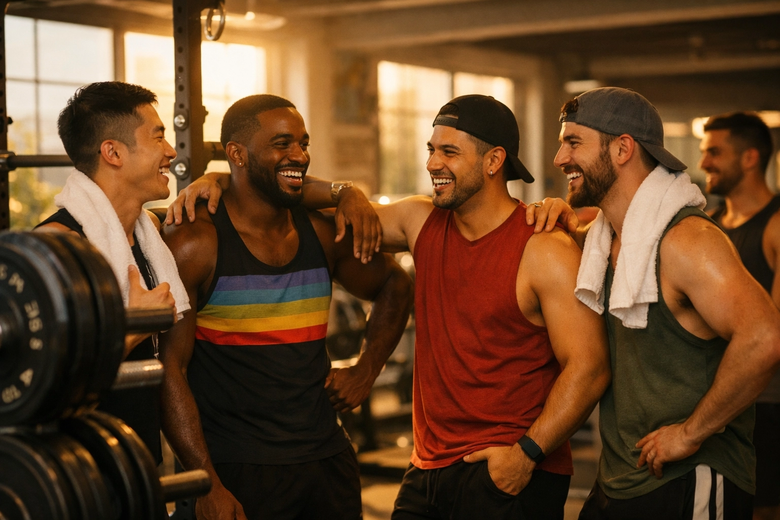 Gay men socializing and building community at modern gym during workout