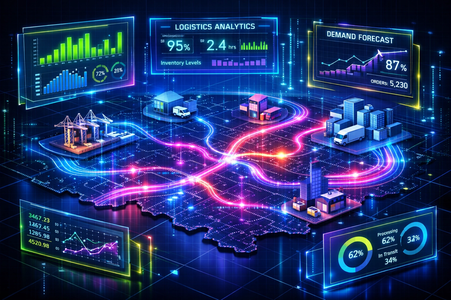 Digital supply chain network visualization showing connected procurement logistics nodes and routes