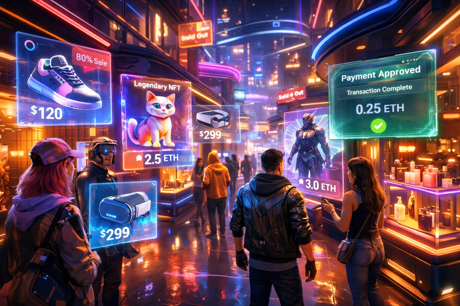 VR metaverse shopping mall with avatars browsing NFT items and AR price tags in virtual storefront