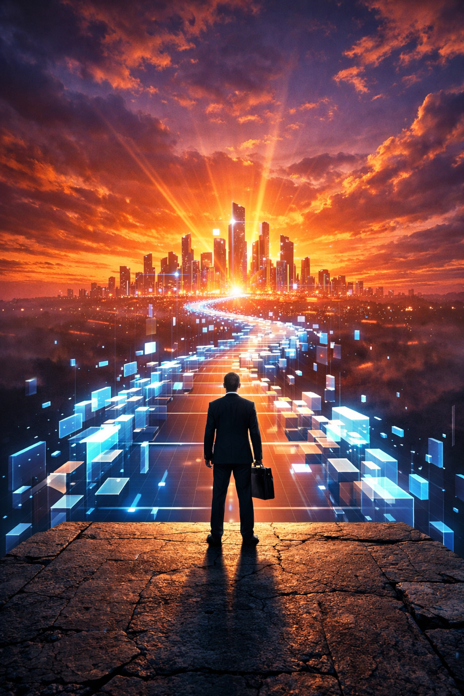 Der erste Schritt zur KI im Mittelstand: Ein Unternehmer blickt auf den digitalen Pfad in die Zukunft.