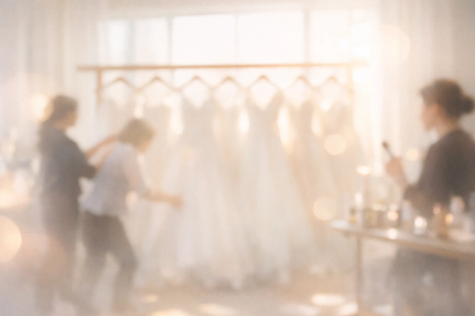 Soft-focus view of the bridal team preparing a rack of white wedding dresses for the grand reveal.