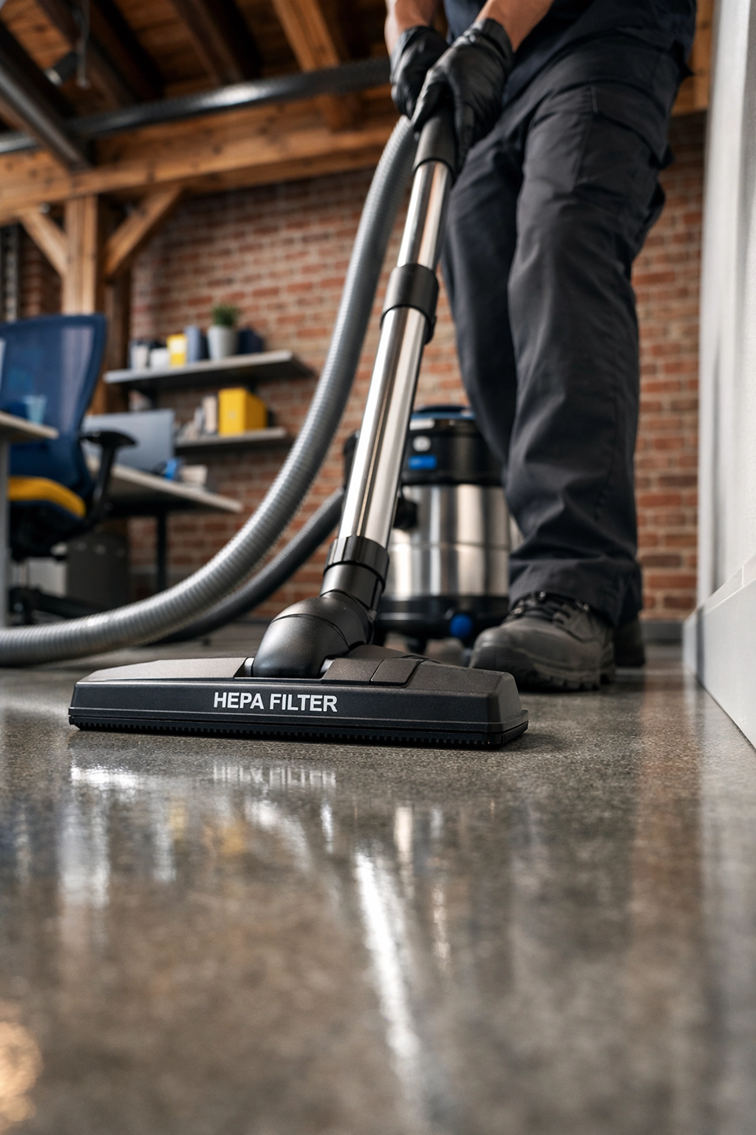 Professional HEPA vacuuming for deep office cleaning Cambridge in a luxury Central Square loft headquarters.