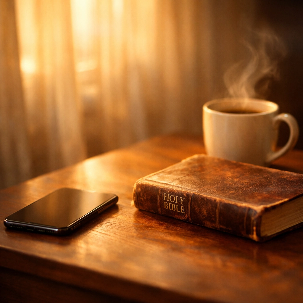Phone face-down next to Bible and coffee on bedside table in morning light