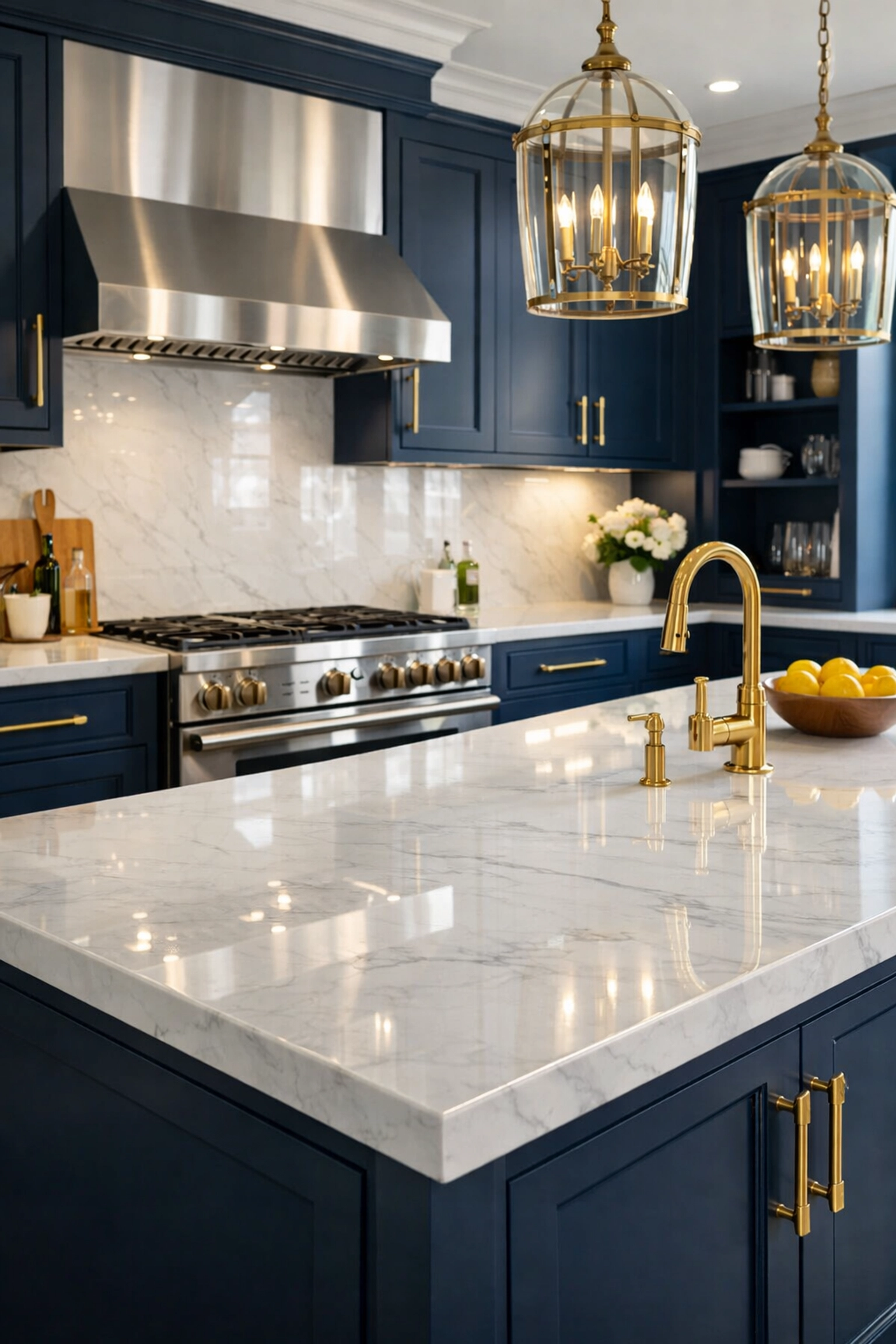 Spotless luxury kitchen with sparkling counters highlighting professional cleaners in Stow MA.