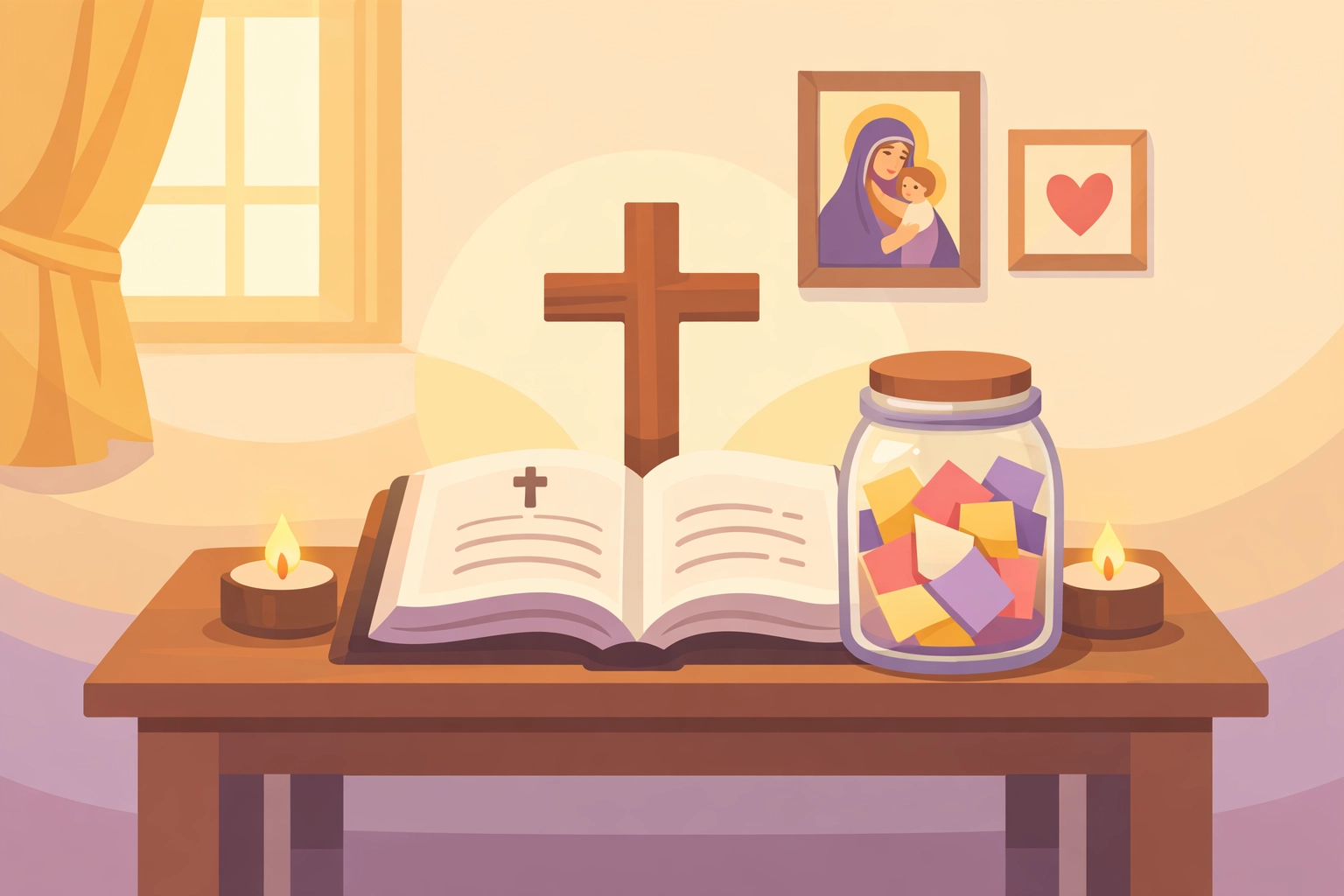 Cozy family prayer corner with Bible and question jar for faith conversations