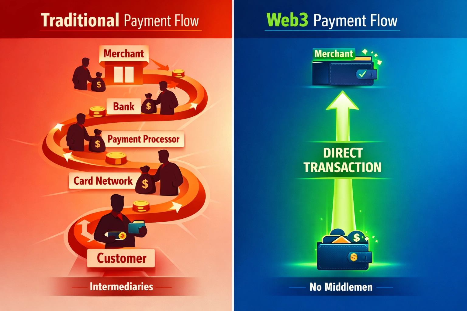 Web3 direct payment flow bypassing traditional payment middlemen