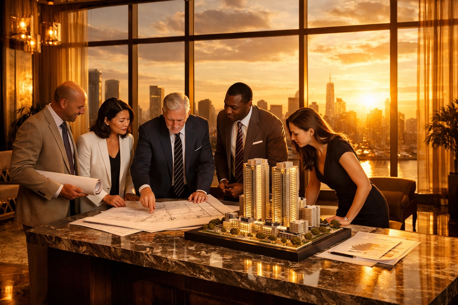 Professional investors reviewing real estate syndication blueprints and building models