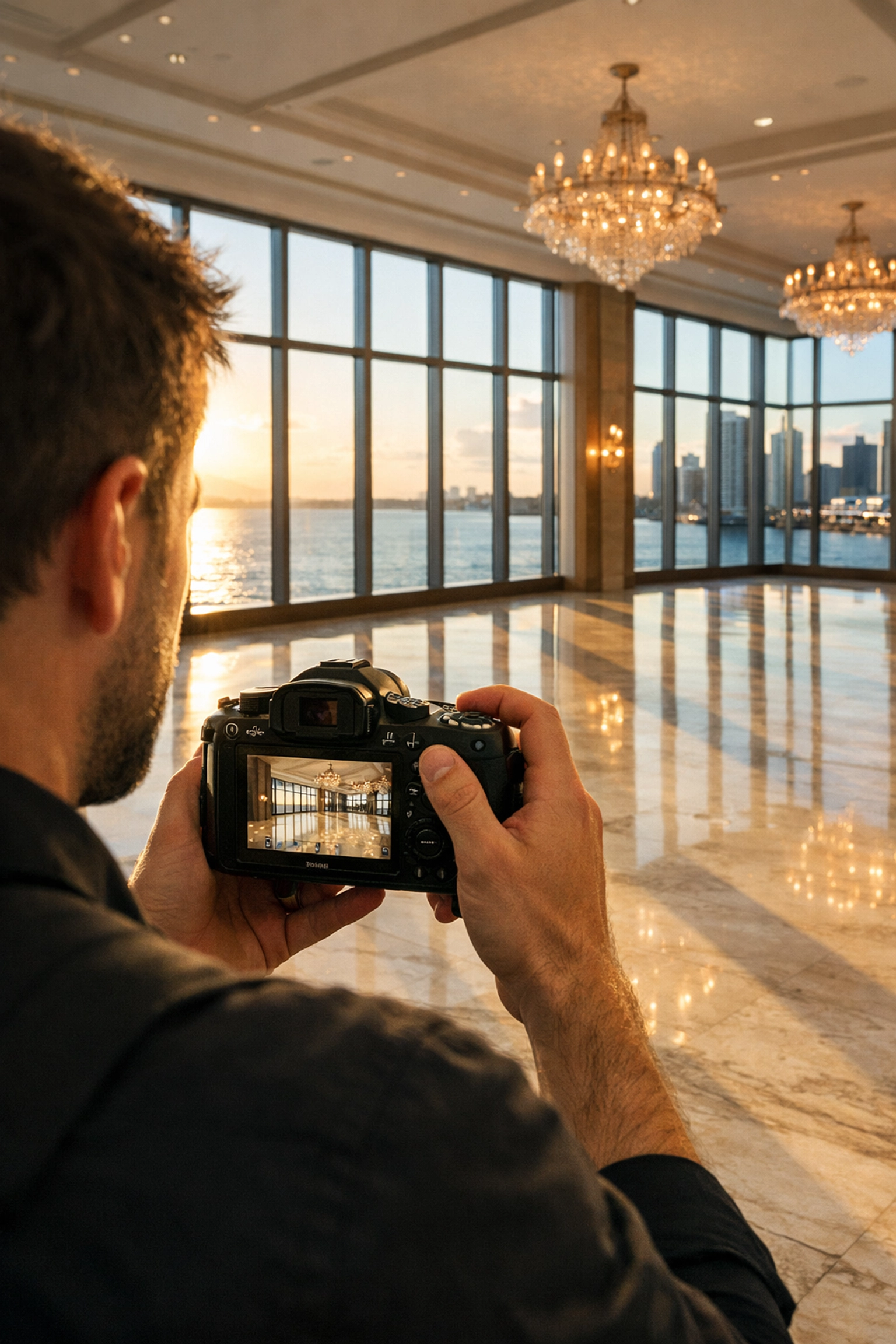 Professional Miami conference photographer preparing in a luxurious Brickell ballroom overlooking the ocean.
