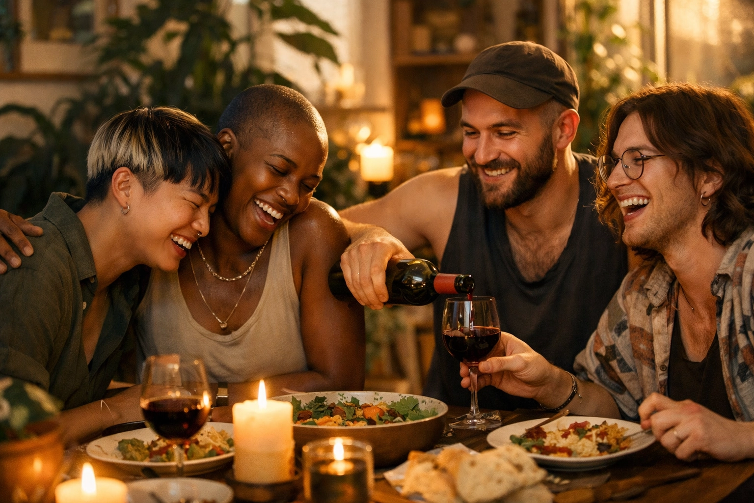 A group of queer friends laughing at dinner, representing the milestone of building a chosen family.
