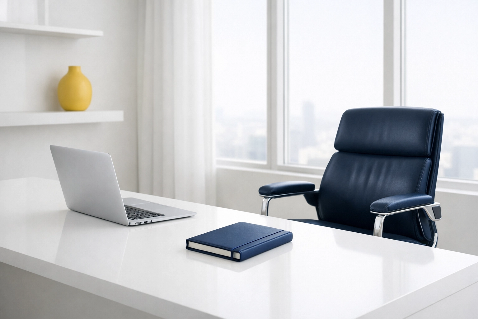 Minimalist home office with a white desk and navy accents after a professional house cleaning for mental focus.