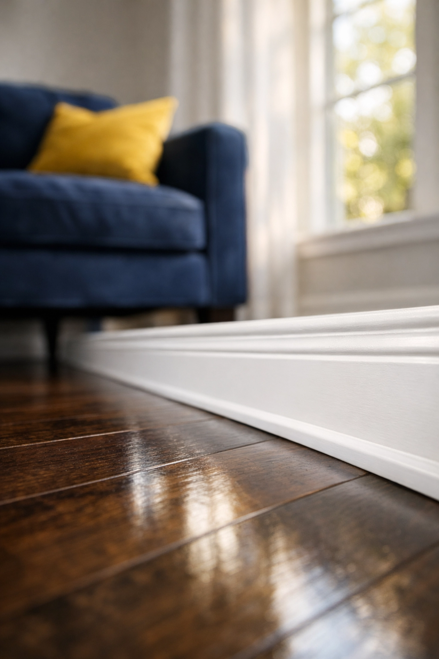 Spotless hardwood floors and white baseboards after a detailed deep cleaning in a Littleton home.