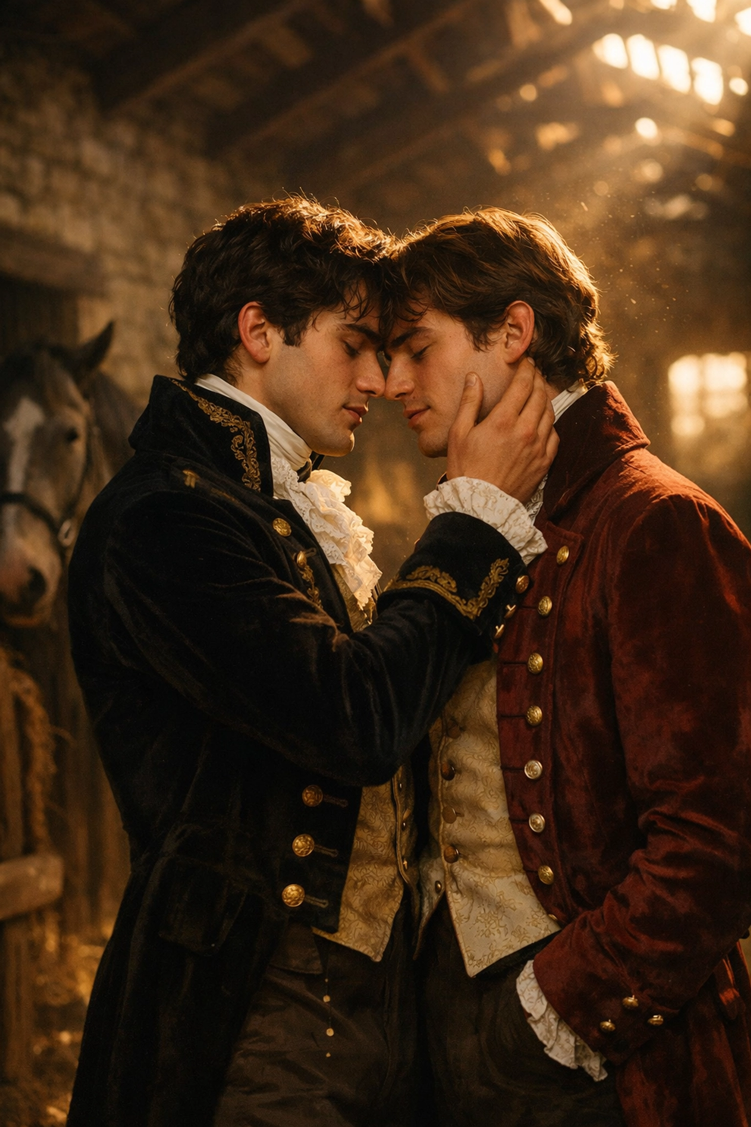Two men in regency attire share an intimate moment, illustrating friends to lovers mm romance stories.