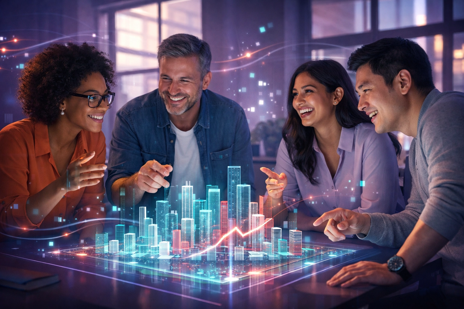 Diverse project team collaborating with AI technology while maintaining human connections