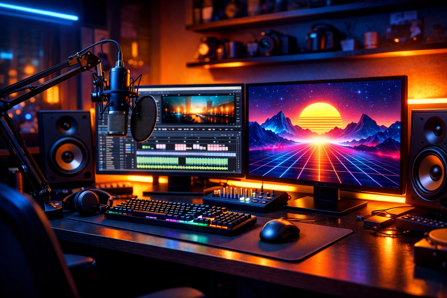 Professional video editing setup with dual monitors and creative tools for high-fidelity content production.